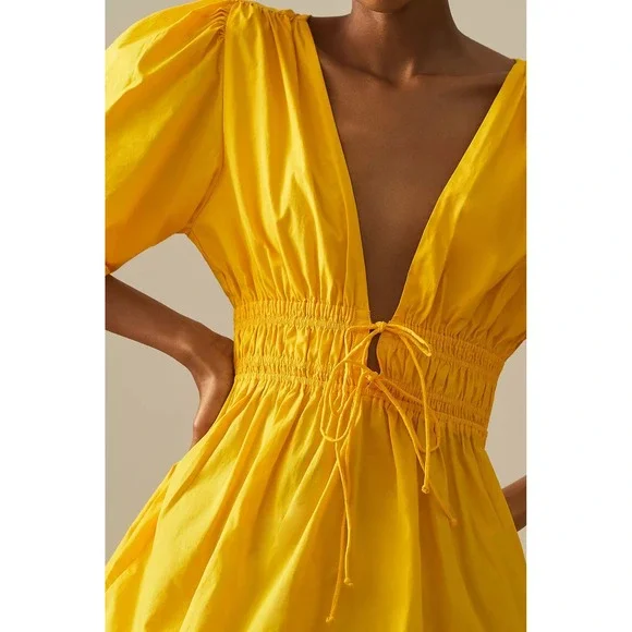 Faithfull The Brand Roma Tie Neck Mini Dress Yellow Puff Sleeve Size 8‎ - Picture 2 of 10